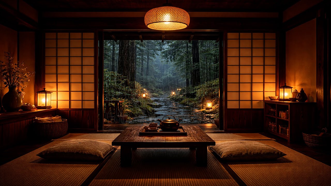 Cozy Japanese Room Rain Ambience 🌧️⛈️ | Soft Thunder, Zen Night for Sleep, Relax & Focus (4K)