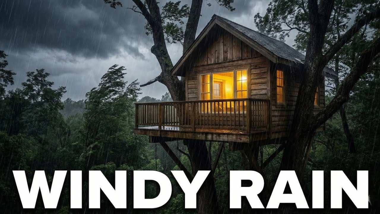 Rain on Treehouse Roof 🌳 Strong Wind & Deep Green Noise | Forest Sleep Ambience