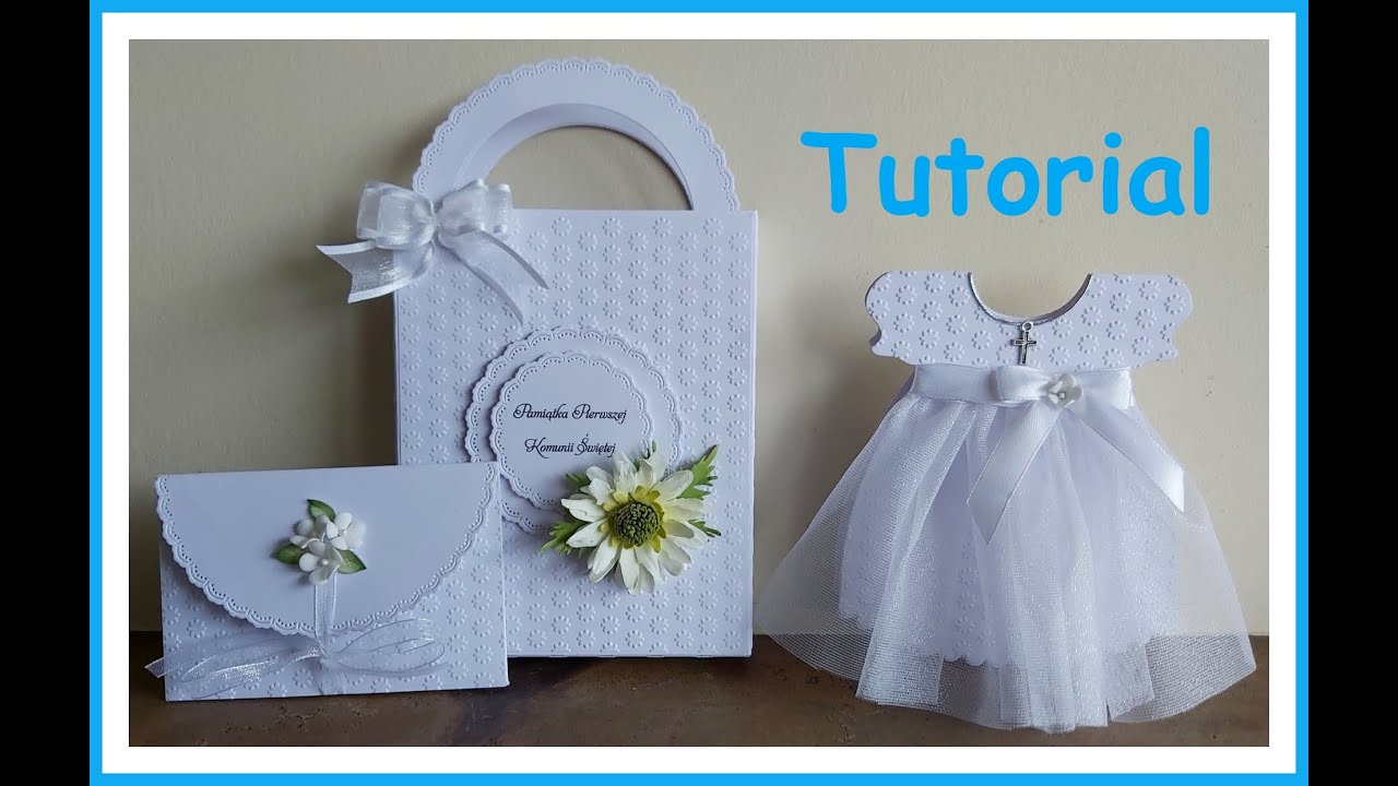 KARTKA NA I KOMUNIĘ - SUKIENKA , TOREBKA, PORTFELIK , TUTORIAL. Card for Holy Communion