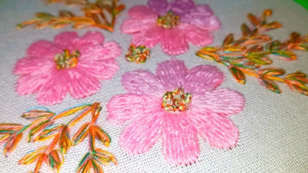 Beautiful Pink Floral Hand Embroidery Design 🌸✨Elegant Flower Embroidery with Colorful Leaves 🌿🪡