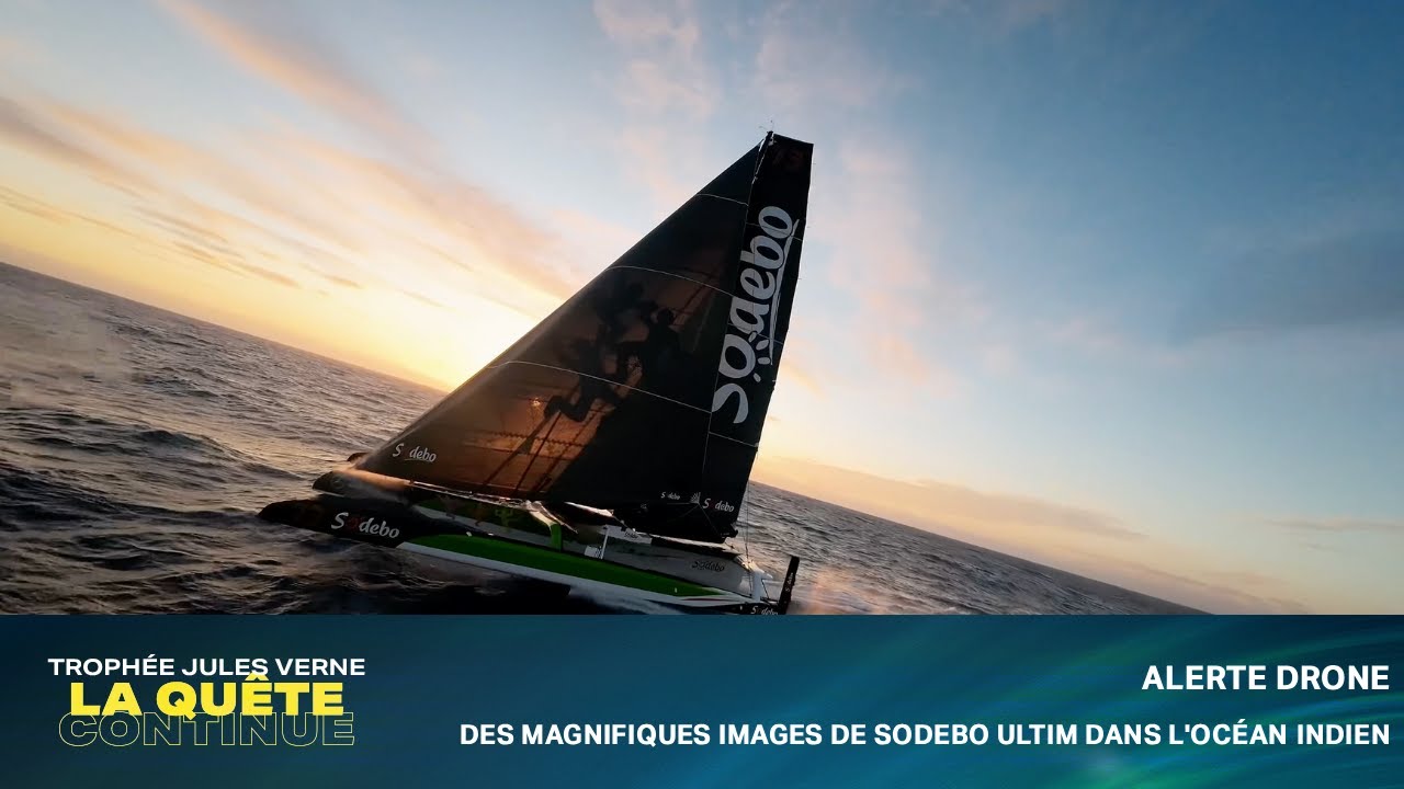 Alerte drone : Des magnifiques images de Sodebo Ultim 3 au coucher du soleil dans l'oc&eacute;an Indien. 🌅