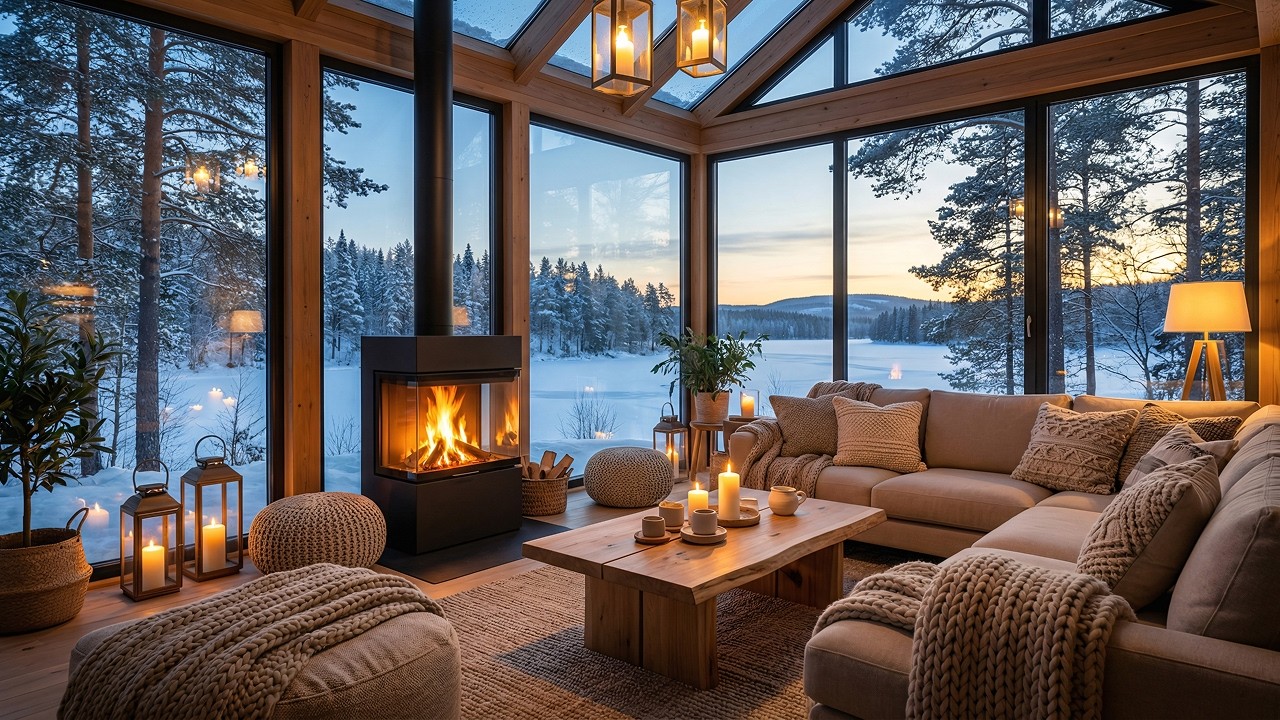Winter Lake Cabin Fireplace Ambience ❄️ Smooth Jazz Background for Relaxing Evenings