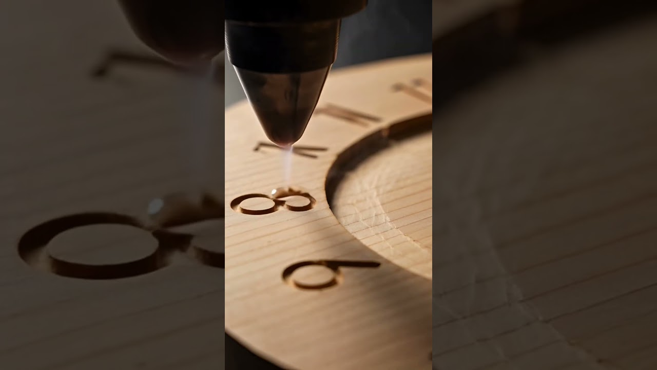 woodworking Cut CNC laser carves a circular clock frame and elegant numbers into thin natural wood