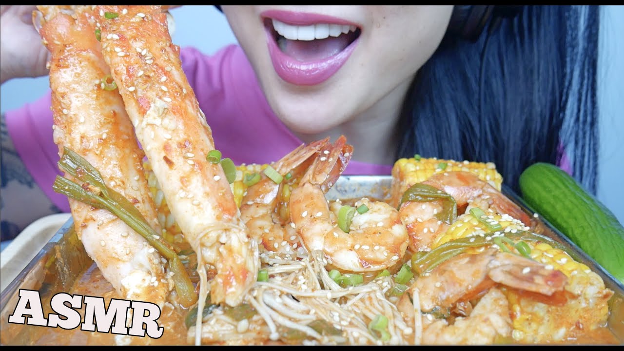 ASMR SPICY SEAFOOD BOIL *KING CRAB + SHRIMP + ENOKI MUSHROOM (EATING SOUNDS)  NO TALKING | SAS-ASMR