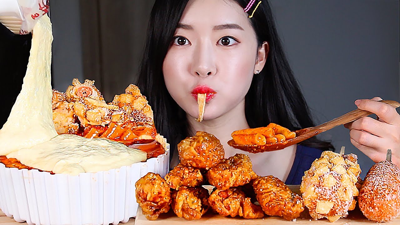 Пряный Ттеокбокки Корейский хот-дог Жареная курица с медом ASMR MUKBANG Eating Show