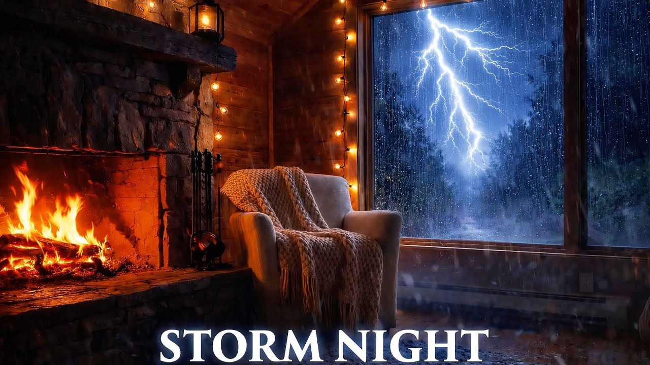 Thunderstorm & Heavy Rain at Cozy Cabin Fireplace ⚡ Rain Sounds for Deep Sleep (10 Hours)