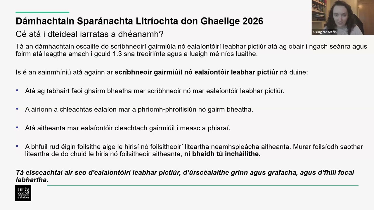 Clinic faisnéise ar líne Dámhachtain Sparánachta Litríochta don Ghaeilge