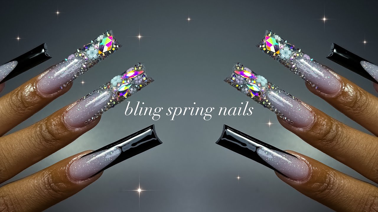 Simple Bling Spring Nails!💎🌸✨| real-time acrylic application + beginner-friendly nail art!✨