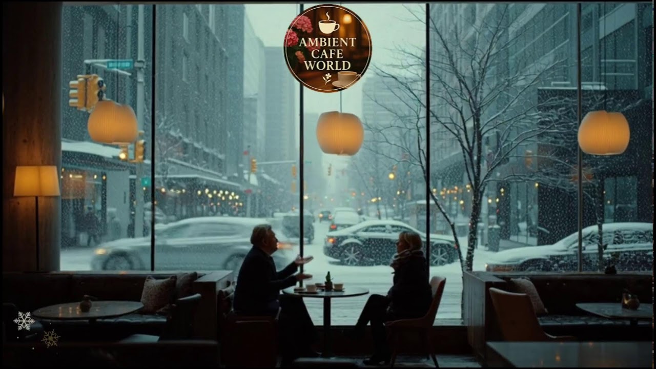 🔴 Soft Winter Jazz Music & Snowfall for Studying ⛄ Outdoor Coffee Shop Ambience with Warm Jazz Music