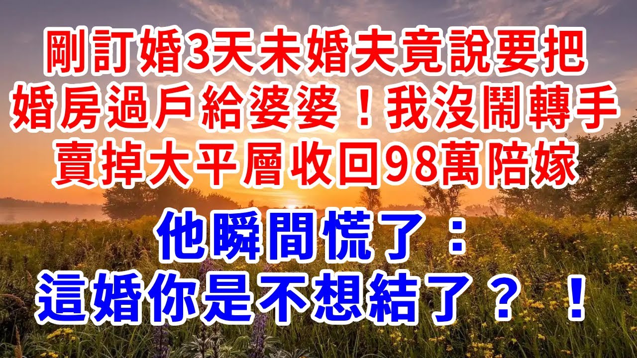 剛訂婚3天，未婚夫竟說把婚房過戶給婆婆！我沒鬧，轉手賣掉大平層收回98萬陪嫁，他瞬間慌了：這婚你是不想結了？ ！