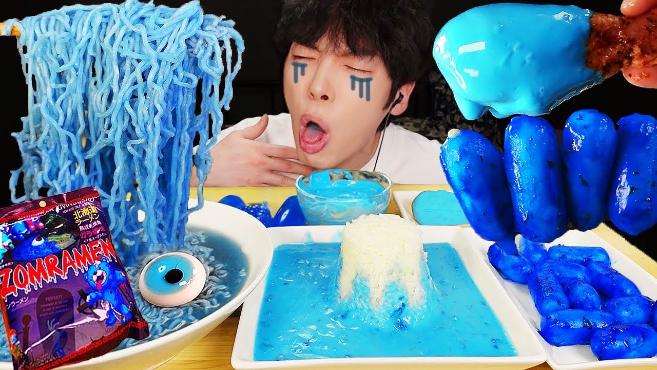 ASMR MUKBANG | 파란 음식 챌린지 ! 좀비 라면 불닭 떡볶이 양념치킨 디저트 먹방 BLUE NOODLES BLUE FOOD EATING