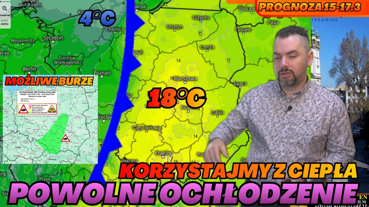 Powolne chłodzenie. Opady i chmury na zachodzie. Słońce na wschodzie. Konwekcja i możliwe burze.