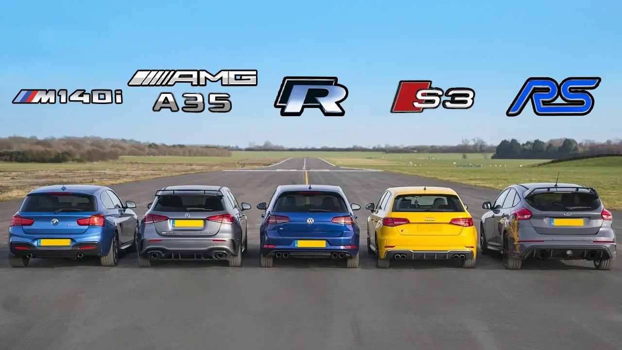 AMG A35 v  BMW M140i  v Golf R v Audi S3 v Focus RS - DRAG RACE, ROLLING RACE & BRAKE TEST