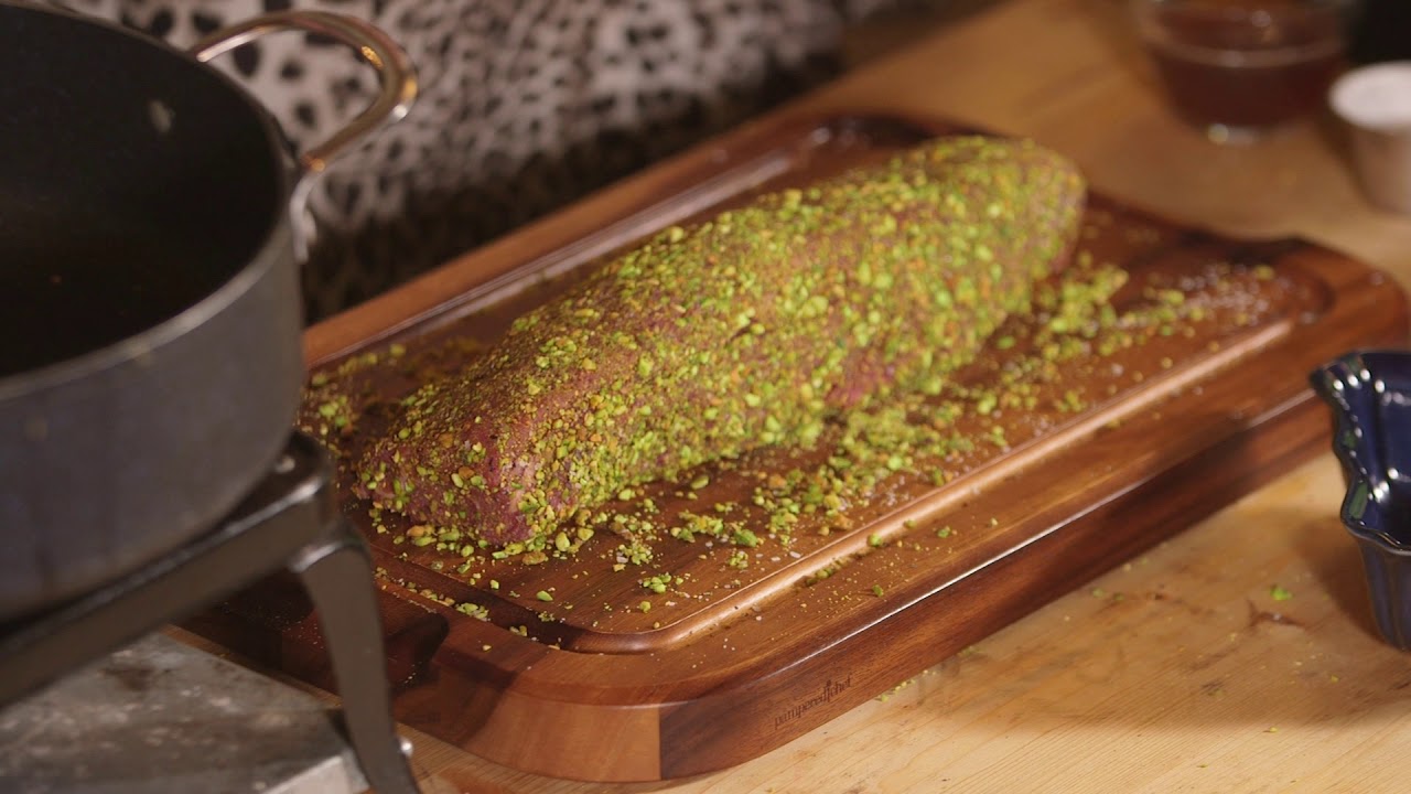 Pistachio Encrusted Beef Tenderloin with Red Wine Sauce