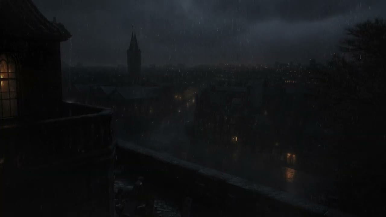 🏰 Dark Gothic City from a Rainy Balcony 🌧️ Thunder & Night Ambience