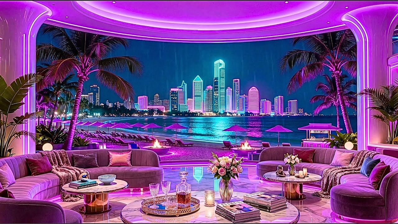 Luxury Neon Lounge 🌴✨ Retro Music Lofi Hip Hop Rain Ambience for Night Relaxation