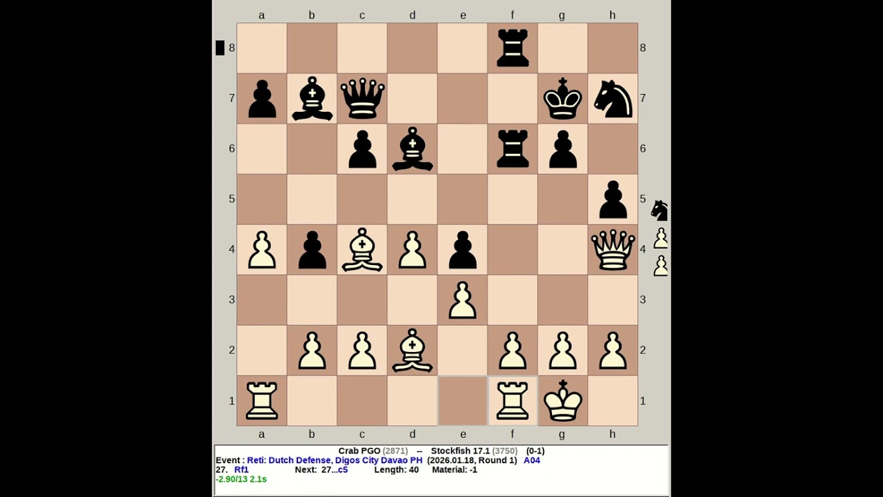 Crab PGO vs Stockfish 17.1 | Reti: Dutch Defense 