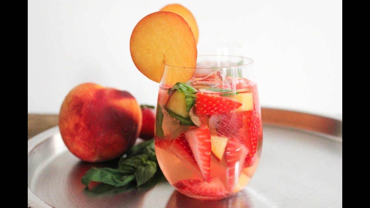 Rose Sangria with Strawberries, Peaches and Basil