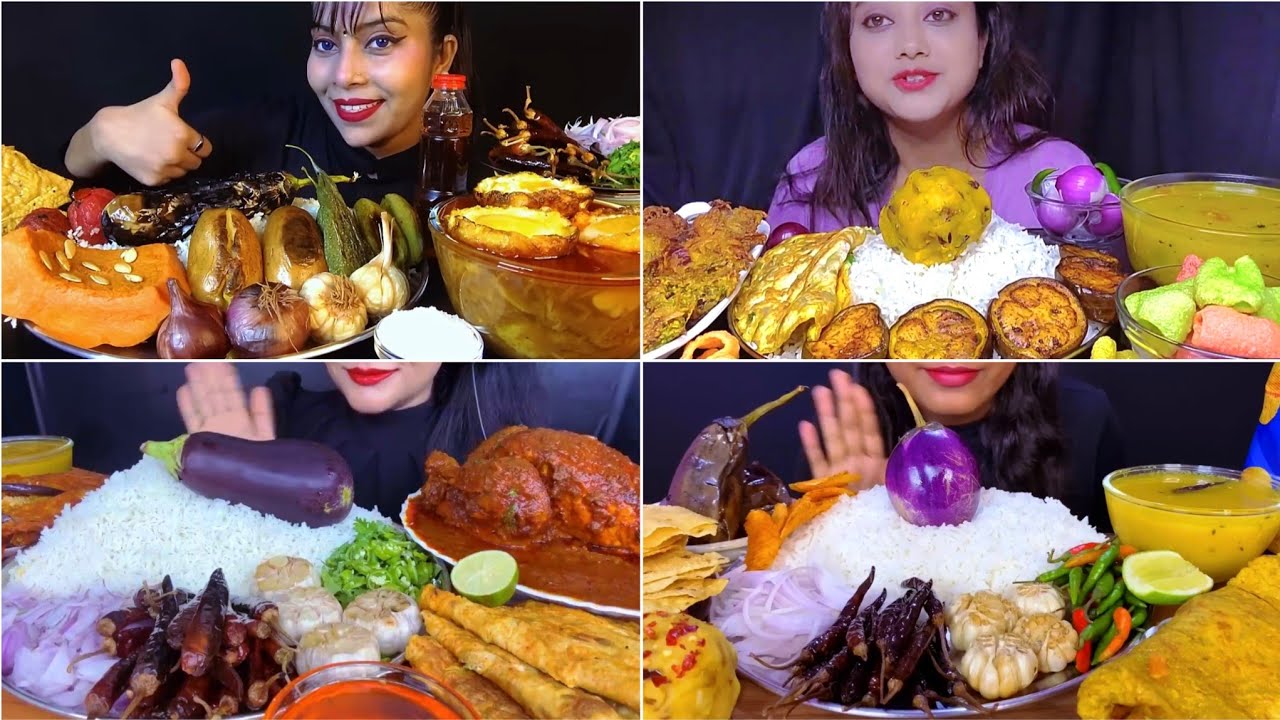 Asmr Eating Mixed Vegetables Bharta with Dal Rice 🔥Chicken Curry🌶Egg Curry Omelette😋Dry Chill Bharta