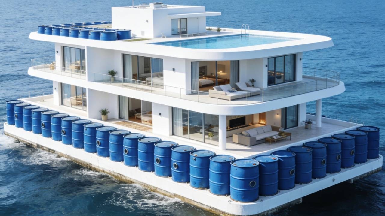 A genius man built a three-story seaside mansion for free using free bamboo and blue buckets.#diy