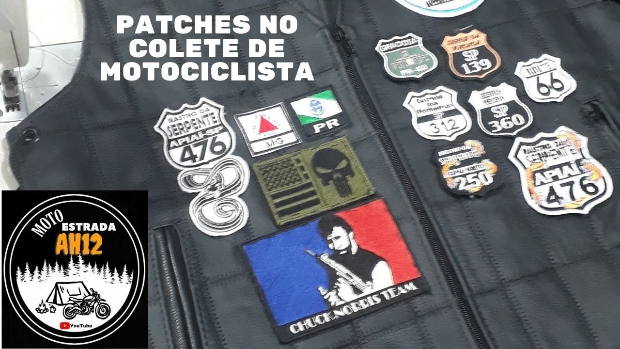 Patches e brasão no colete de motociclista