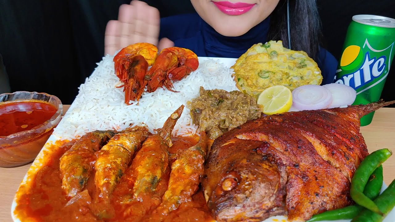 ASMR:EATING SPICY FISH CURRY, BAINGAN BHARTA/BEGUN VORTA,FISH FRY,PRAWN WITH RICE *EATING SHOW*