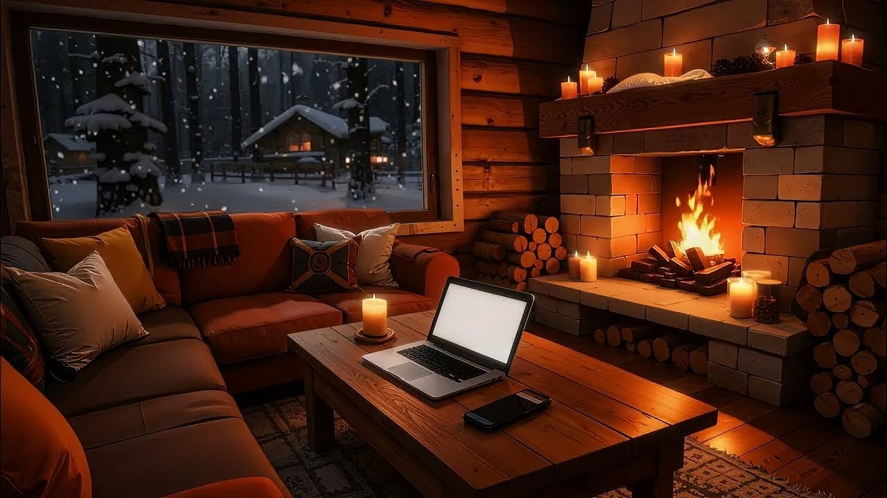 Peaceful Winter Night Snow with Fireplace Sounds for Study & Work