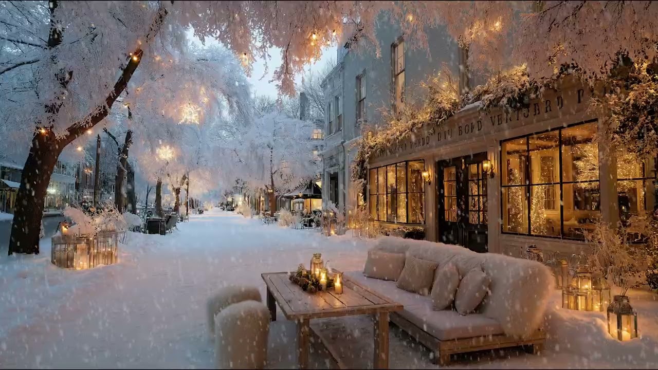 Warm Snowy Coffee Shop Ambience with Gentle Piano and Soft Light for Relaxing Focus