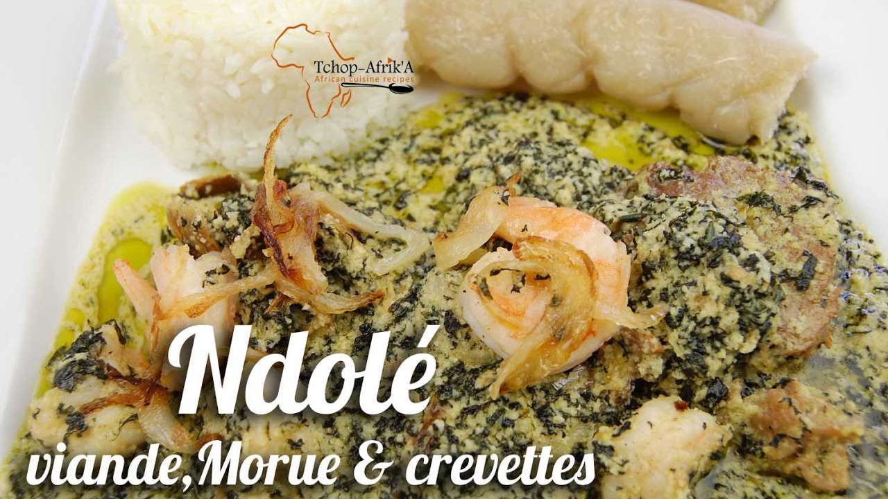 Ndolé à la viande, morue et crevettes