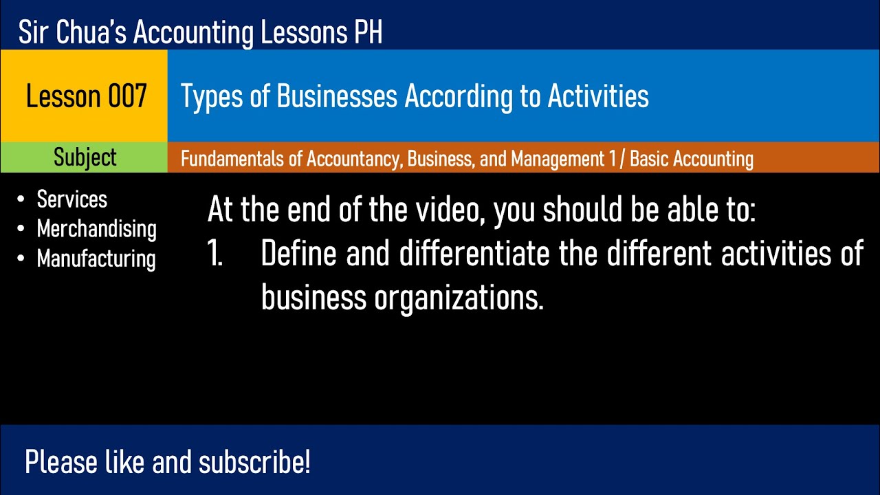 Lesson 007 - Types of Businesses According to Activities (Service, Merchandising, Manufacturing)
