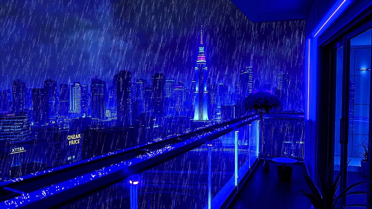 Fall Asleep on a Rainy High-Rise Balcony 🌧️ Night Rain & City Lights for Deep Sleep