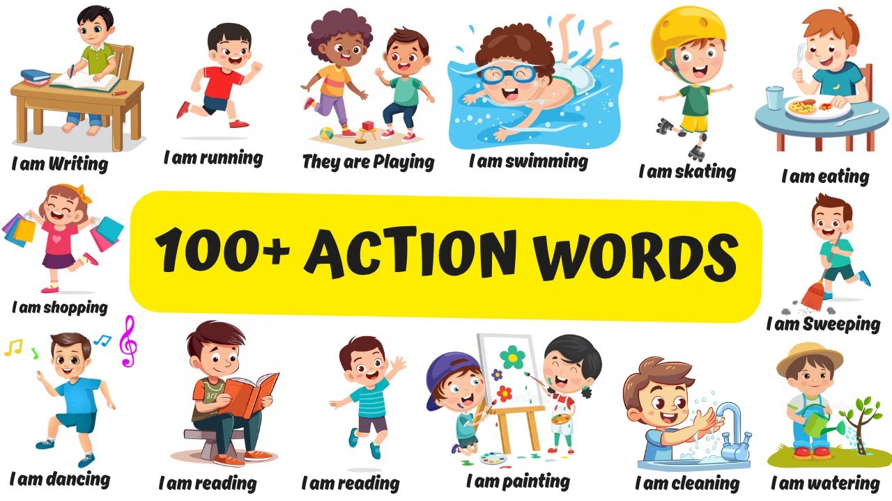 Learn 100 Action Verbs in English for Kids | Easy Action Words with Pictures and Videos