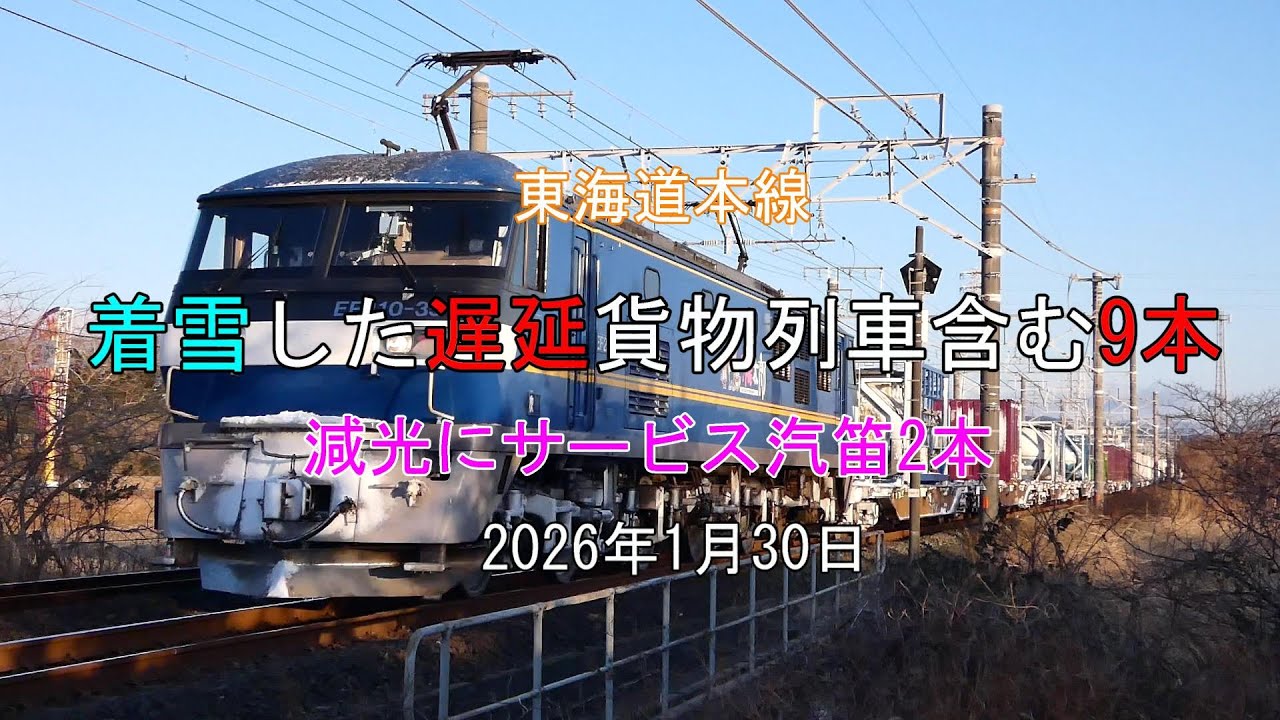JR貨物 2026/01/30 貨物列車ダイヤに乱れ 温暖な静岡に着雪した遅延貨物列車含む朝の貨物列車9本 東海道本線