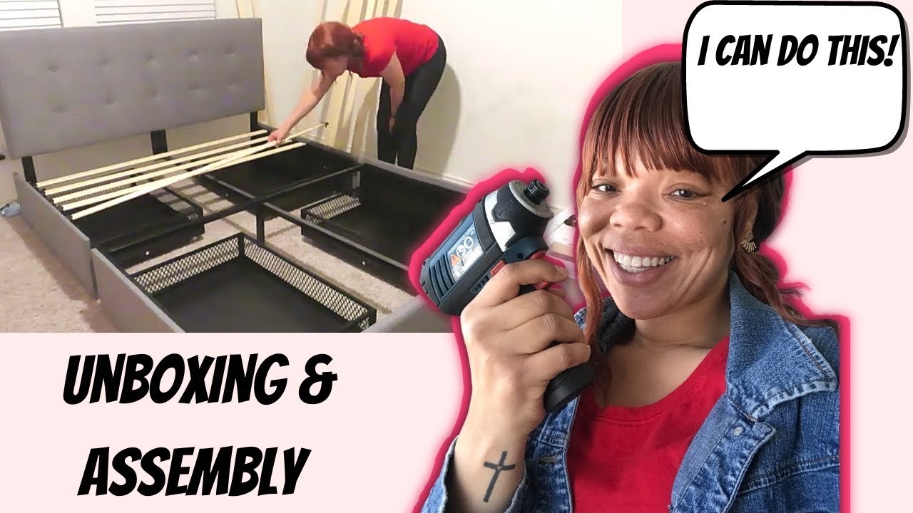 Single Women Motivation!  Allewie Fabric Upholstered Queen Size Storage Bed Unboxing & Assembly