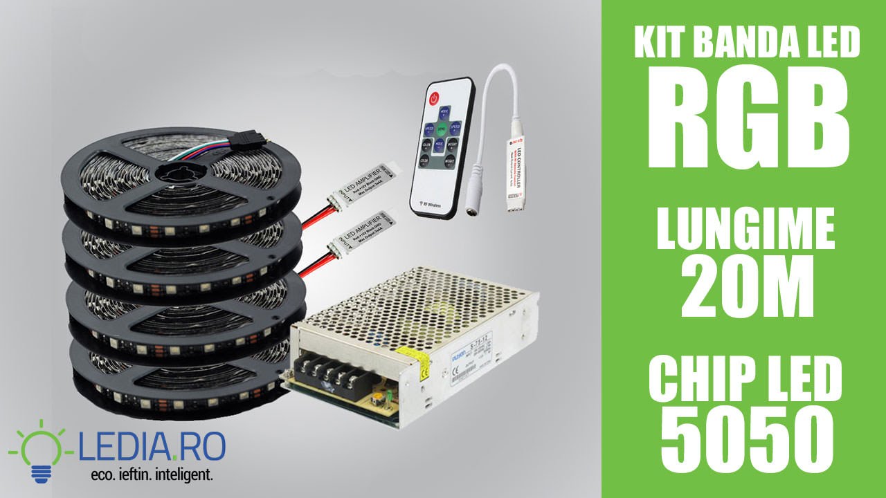 Kit banda led rgb 5050 12v lungime 20m, sursa alimentare si controller inclus - www.ledia.ro