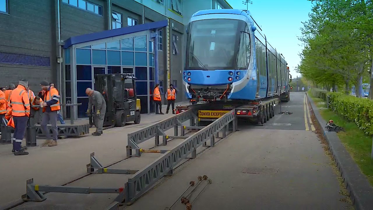 Arrival of a new West Midlands Metro tram at Wednesbury depot
