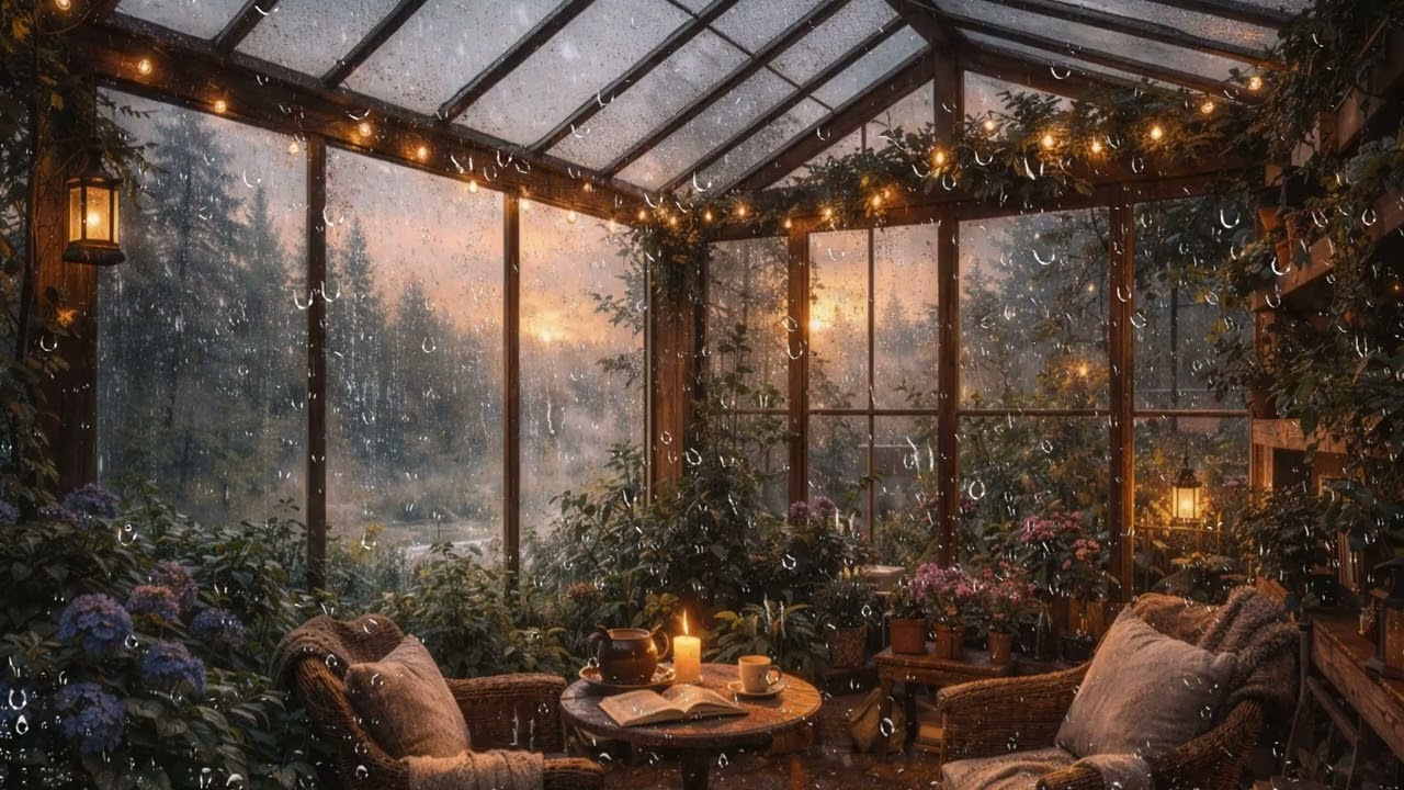 5 Hours Rainy Evening in a Cozy Glass Greenhouse 🌿✨