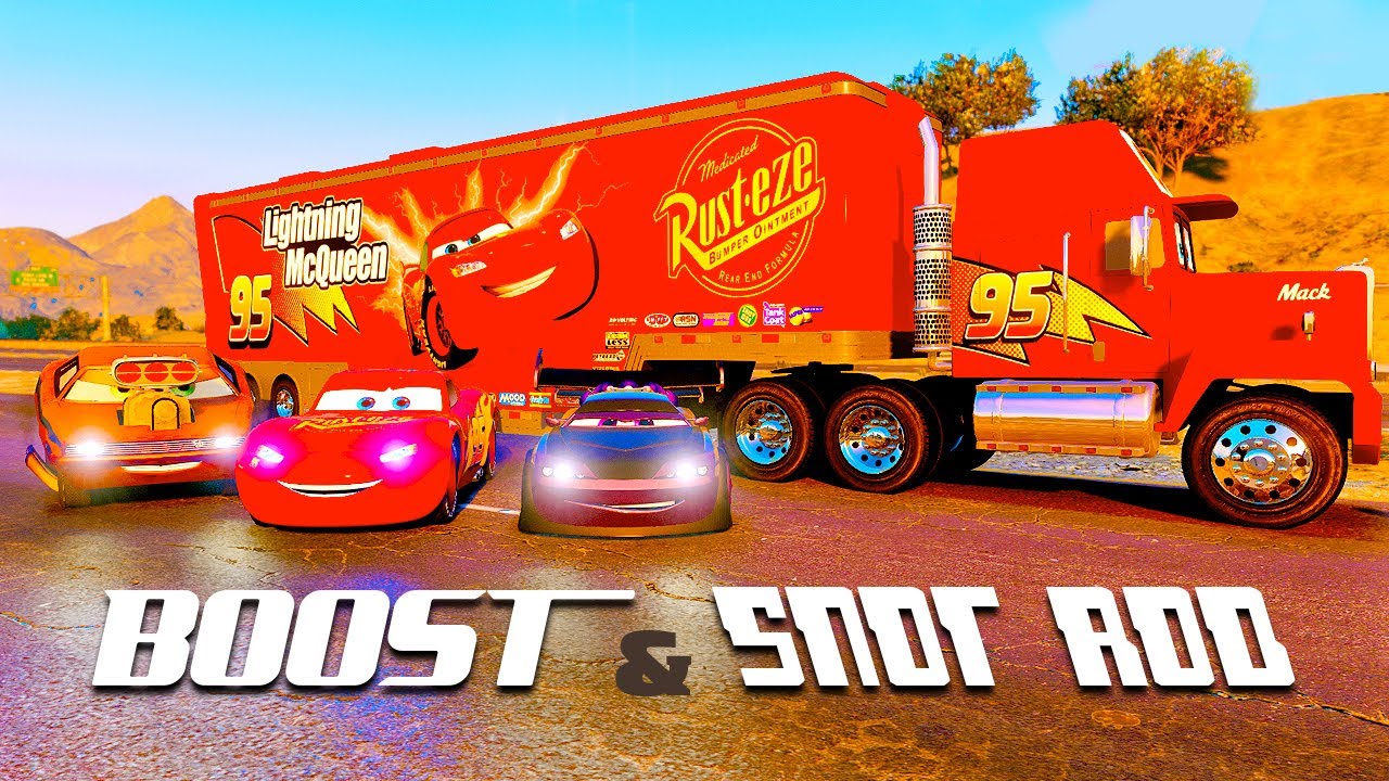Crazy race and chase with Mack the Truck, Lightning McQueen, Boost and Snot Rod Cars