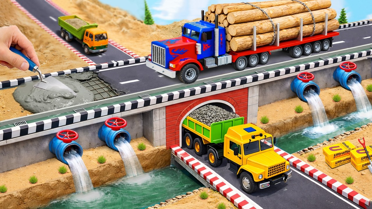 DIY Mini Tractor Builds a Highway Bridge with Automatic Water Drainage System | Science Project