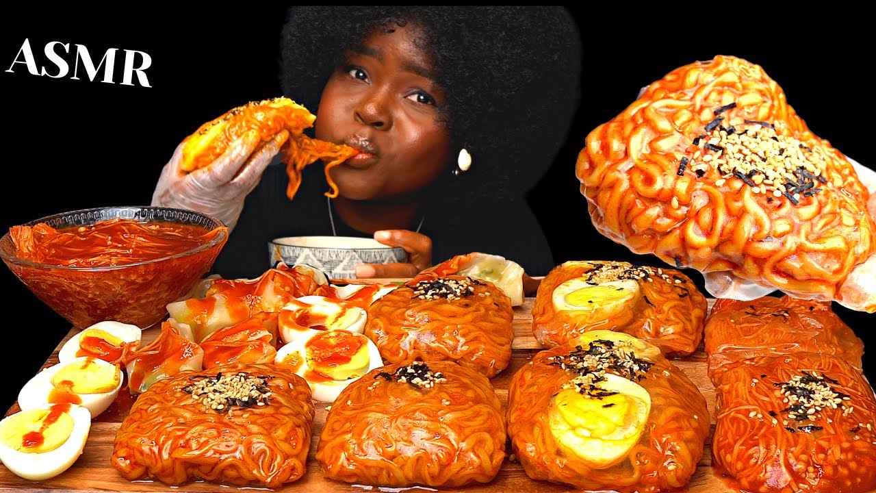 ASMR SPICY FIRE NOODLES, ENOKI MUSHROOM WRAP & DUMPLINGS MUKBANG + RECIPE |Eating Sounds| Vikky ASMR