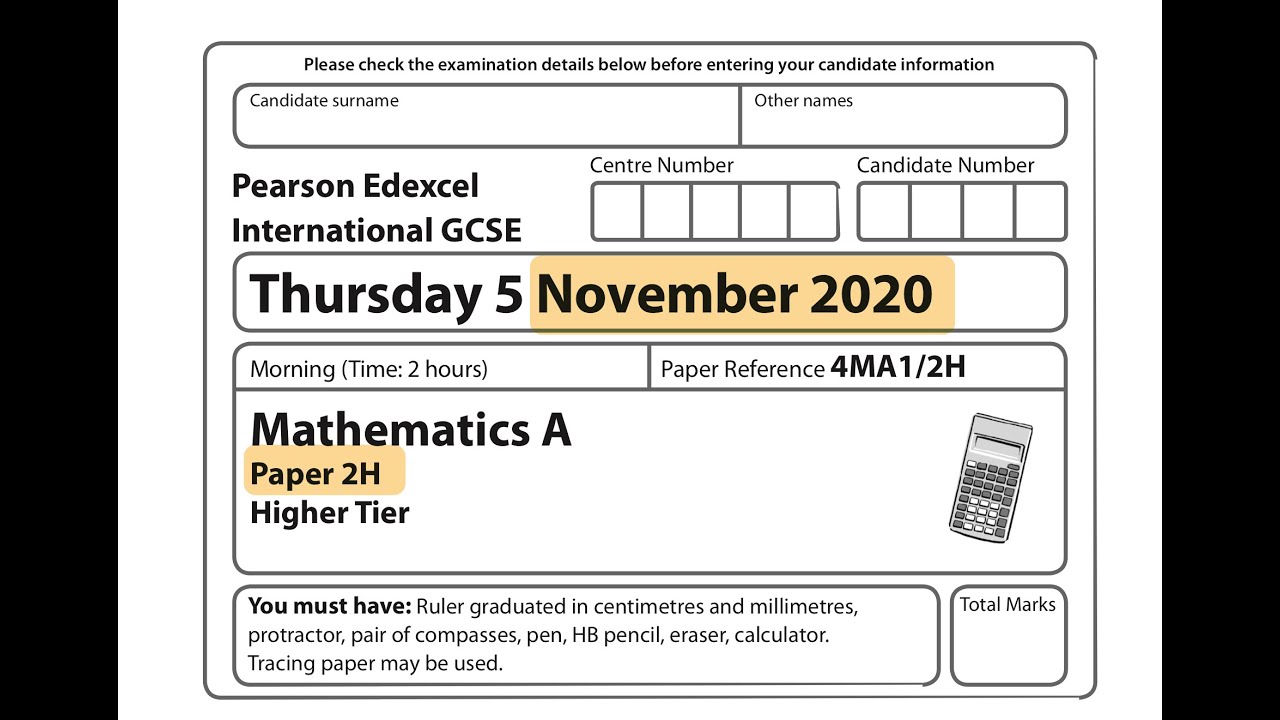 IGCSE Mathematics November 2020 - 4MA1/2H