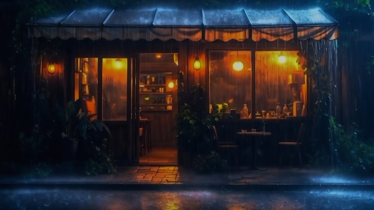 Gentle Night Rain on Cozy Café Terrace for Deep Sleep & Stress Relief ☕🌧️🌙