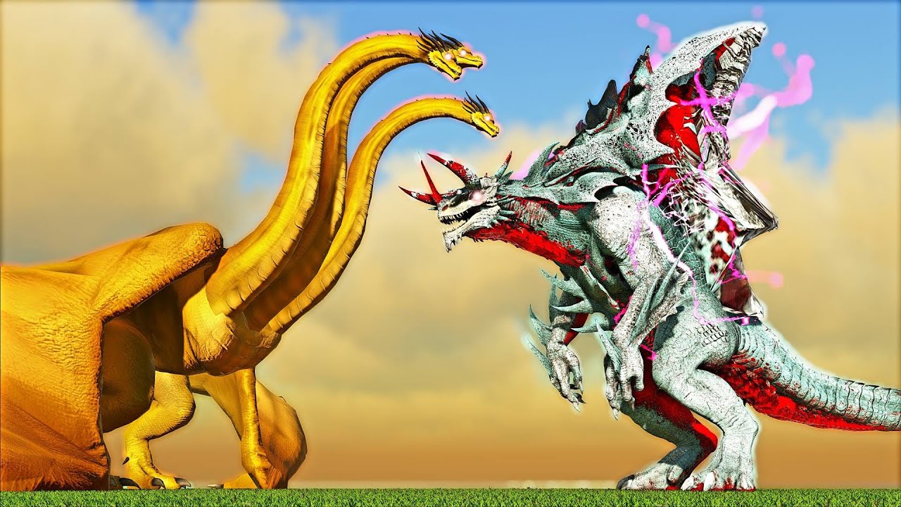 KING GHIDORAH THREE HEADED MONSTER VS KAITAN THE WHITE DEATH (ARK SURVIVAL EVOLVED BATTLE)