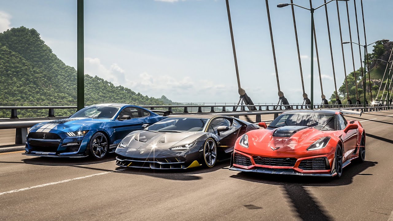 Forza Horizon 5 Drag race: Lamborghini Centenario vs Corvette C7 ZR1 vs 2020 Ford Shelby GT500