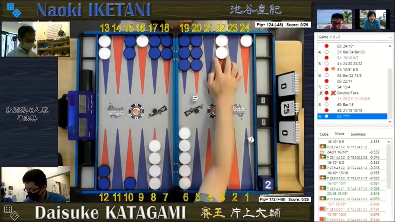 バックギャモン 第26期名人戦　準決勝　25ポイントマッチ　片上大輔賽王 対 池谷直紀 (解説あり Version)