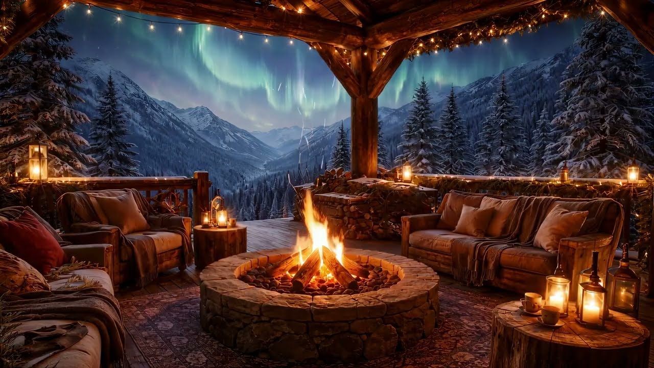 Cabin Terrace Campfire in the Mountains | Aurora Sky | Relaxing Night Atmosphere
