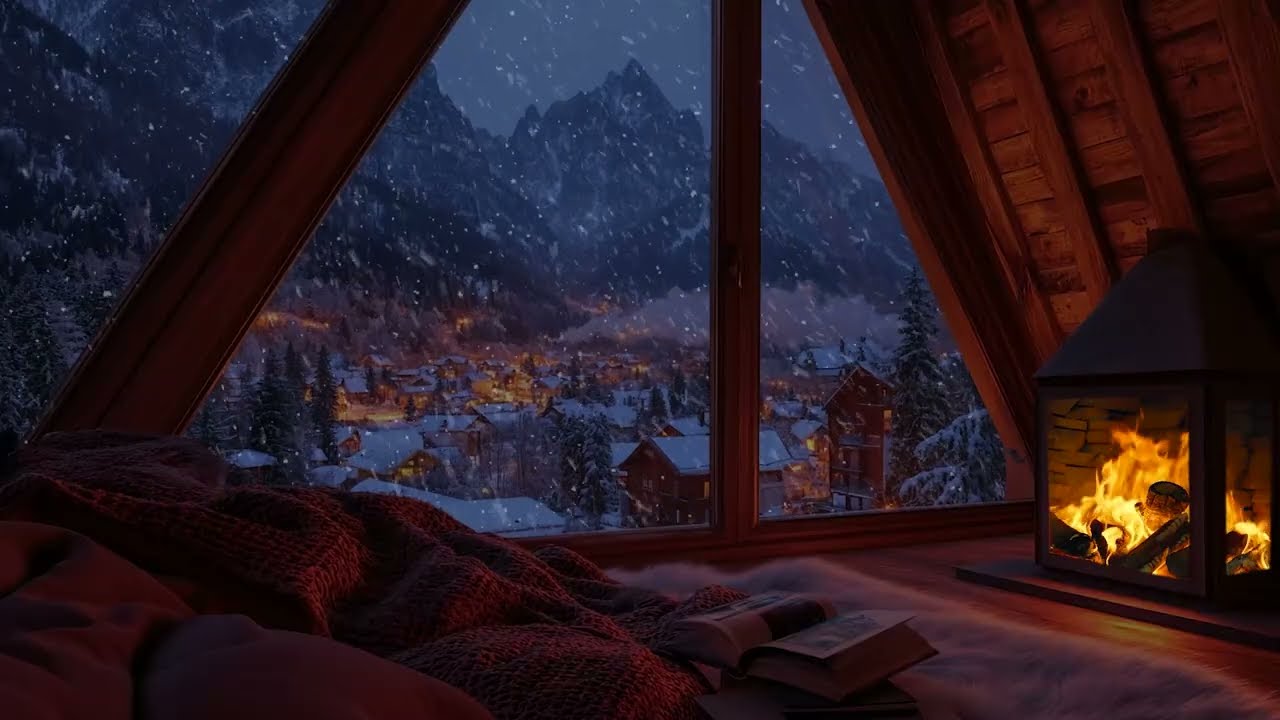 Deep Sleep Winter Cabin Ambience | Warm Fireplace, Blizzard Snowstorm & Relaxing Night Sounds