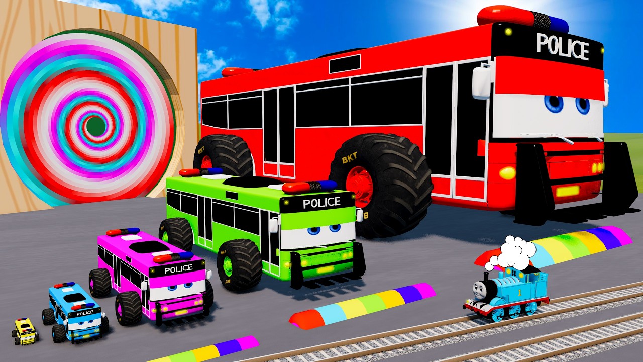 Big & Small Colors McQueen Bus VS Monster Truck Wheels - Funny Cars vs Slide Color - BeamNG.drive