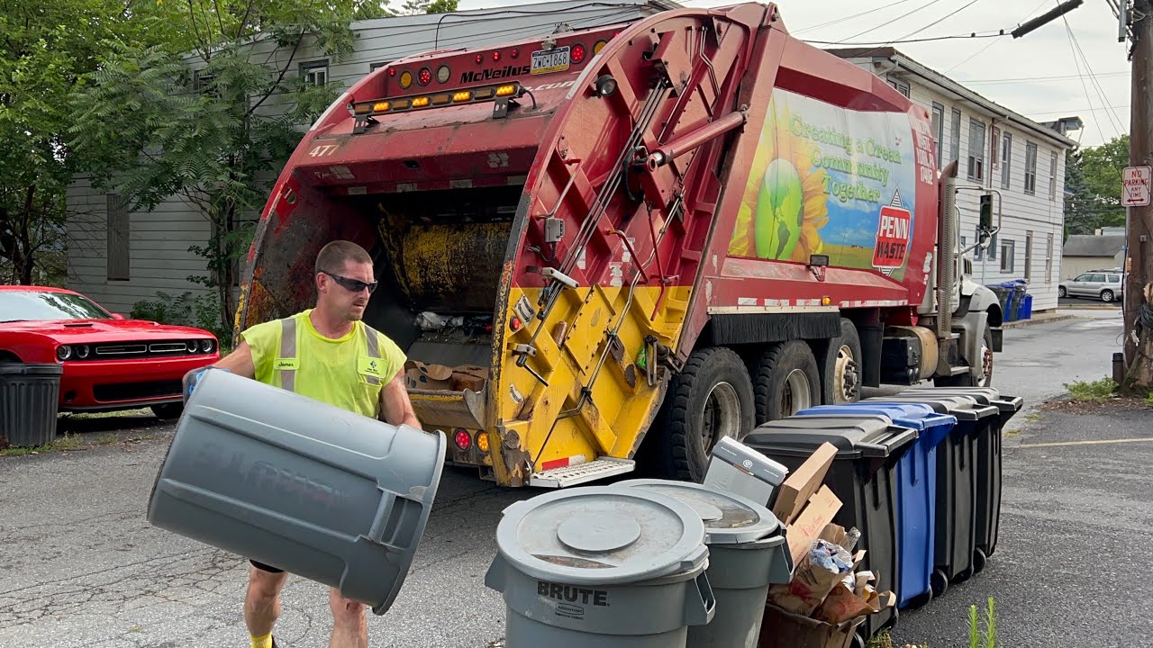 Fast Penn Waste Garbage Truck Flying Through Alley Trash 