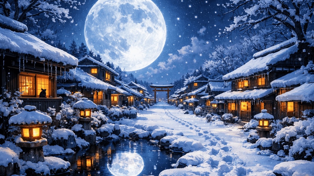 Snowy Moonlit Village 🌙❄️ Fantasy Japanese Lofi Hip Hop for Study, Work & Sleep • 2 Hours